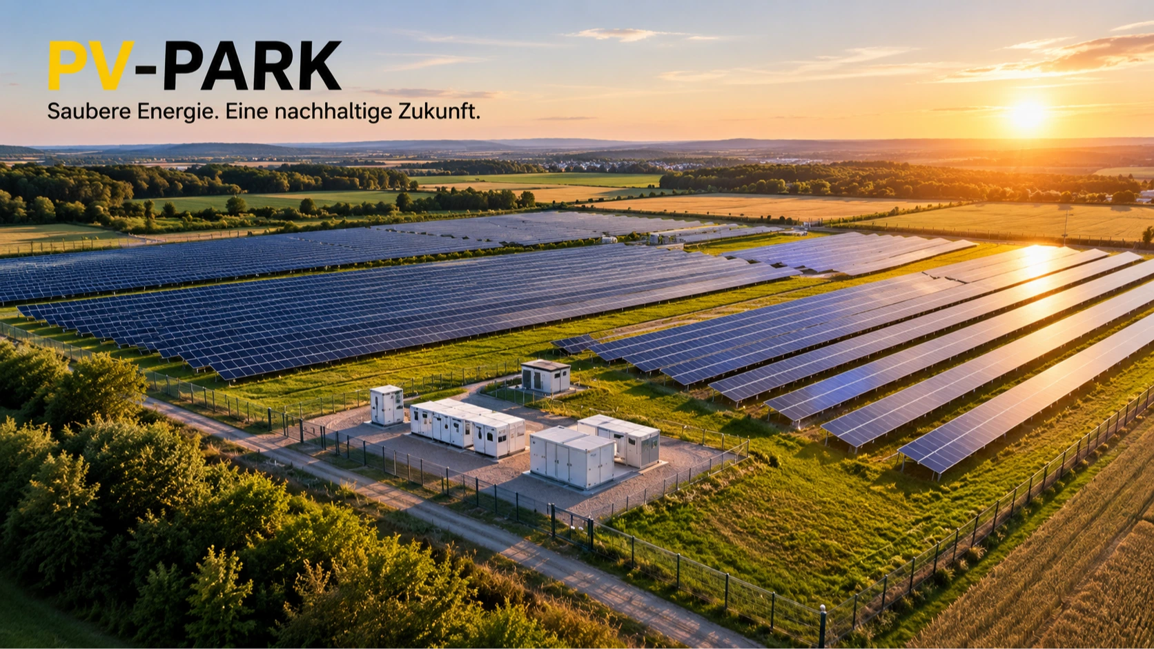 Luftbild von PV-Park mit Solarmodulen bei Sonnenuntergang, nachhaltige Energie